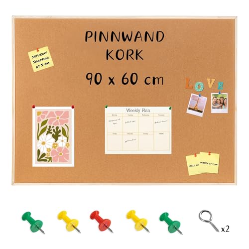 Creative Home 90x60 cm Große Pinnwand Kork | inkl. 5 Pinwandnadeln | Korkwand Korktafel Holzrahmen...