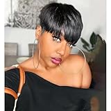 VRZ Human Hair Short Pixie Wigs with Bangs Pixie Cut Short Hair Wigs Black Layered Pixie Wavy Wigs for Women (BOWL WAVY)