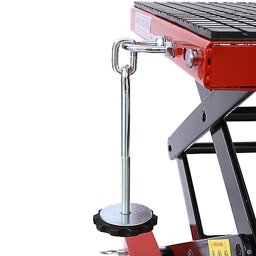 Image of PULLAFUN 300 lbs Hydraulic Motorcycle Scissor Jack Lift, Small Dirt Bikes ATV Lift Hoist Hydraulic Foot-Operated Stand Lift, 4 Wheels, Red