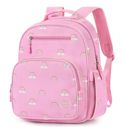 mibasies Corduroy Girls backpack 5-8: Cute Kids Backpack for Girls - 15 Inch Bookbag for Kindergarten Elementary School - Pink Rainbow