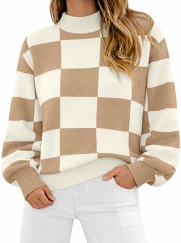 ATHMILE Womens Fashion Turtleneck Sweater Long Sleeve Plaid Ribbe...