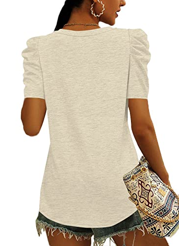 Danedvi Women Summer Casual V-Neck Short Puff Sleeves T Shirt Solid Basic Tunic Tops Beige #TOP3
