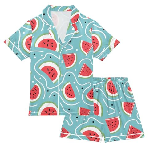 ALAZA Watermelon Slices Blue Satin Pajamas Set Short Sleeve Button Down Sleepwear Summer Pjs 2 Piece