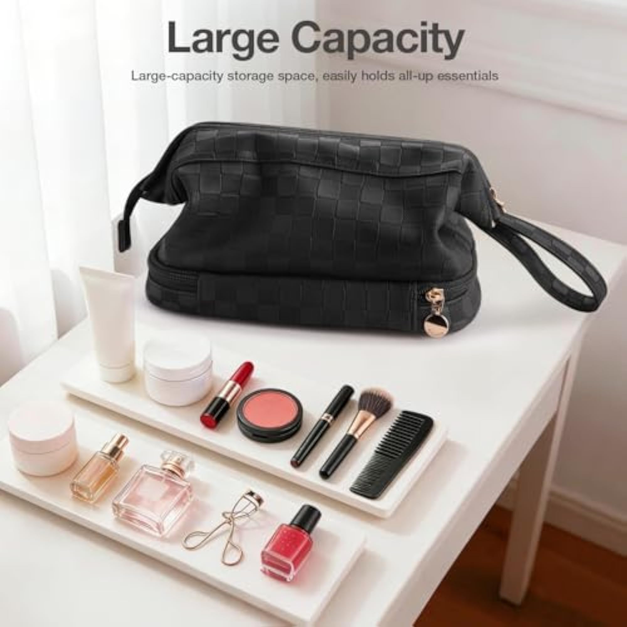 Large Double Layer Leather Makeup Bag, Travel Essential