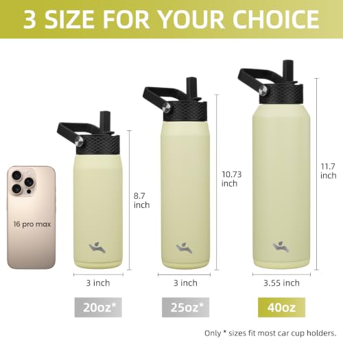 Image of Konokyo 40oz Insulated Stainless Steel Water Bottle with 3 Lids, Leakproof BPA-Free Bottle with Straw Lid, Sip Lid and Flex Cap for Gym, Travel, School, Office, Macaron Green
