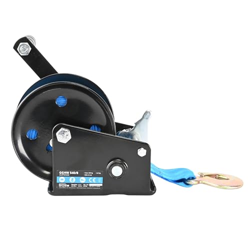 Güde Gurtwinde GGHW 540/8 (540 kg max. Zugkraft, 8 m Gurtlänge, 5 cm Gurtbreite, Lasthaken mit Tropfenöffnung, Sperrhebel, Handkurbel mit Softgriff, Grundplatte mit Bohrungen zur Festmontage)