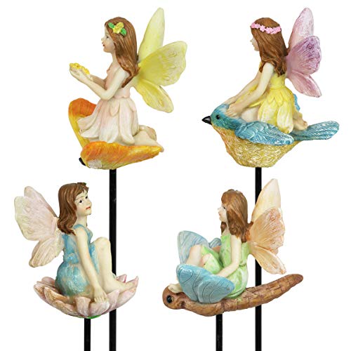 Exhart 4 Fairy Garden Pot Stakes, Hand Painted Resin, Cute Yard Garden Décor, 1/Each, 4Pc, 3"X13" #TOP5