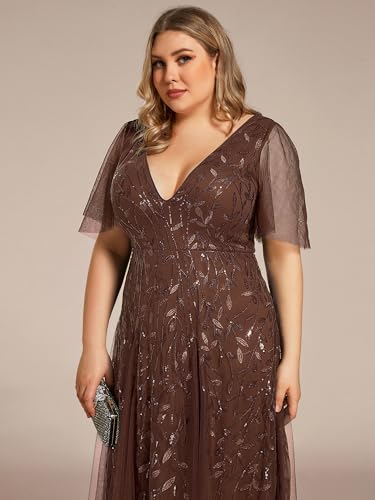 Image of Ever-Pretty Women's Sequin V Neck Plus Size Formal Dresses Evening Gown | Short Sleeve, A-Line, Empire Waist, Plus Size Mother of the Bride Dresses, Plus Size Gala Dress