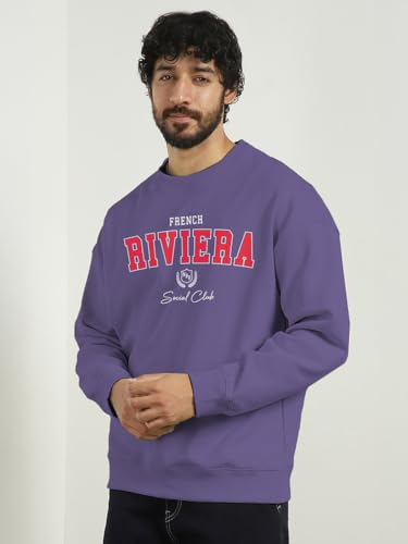 Image of Nobero Men's Graphic Printed Oversized Sweatshirt | Cotton Rich Fleece Round Neck Pullover | Relaxed Fit Casual Winter Wear for Men