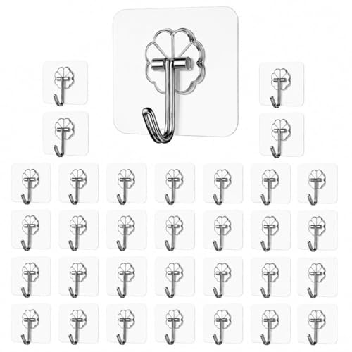 Image of 30 Pack Premium Nail Wall Hooks Flower Hooks for Wall Without Drilling, Self Adhesive Hooks for Wall Heavy Duty Strong Nail Free(Hanging Hook, Transparent)