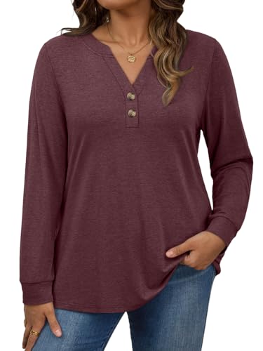 WYNNQUE Womens Plus Size Tops Long Sleeve Henley V Neck T Shirts Business Casual Fall Outfits Loose Fit Dressy Tunics Blouses
