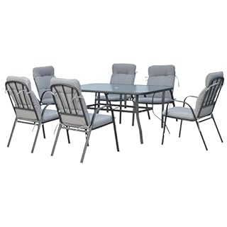 Outsunny 7 Pieces Garden Dining Set, Outdoor Rectangular Dining Table and 6 Cushioned Armchairs, Tempered Glass Top Table w/Umbrella Hole, Texteline Seats, Grey
