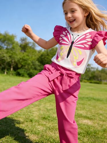 Image of Toddler Kid Girl Clothes Casual Ruffle Sleeve Floral Printed Top Solid Pants with Belt 3PC Outfit Set