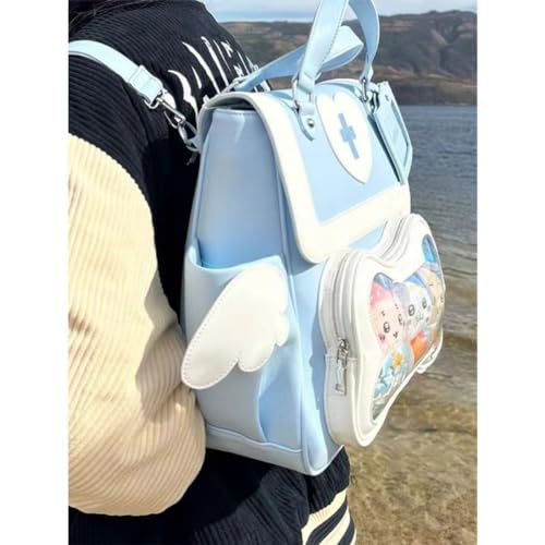 Image of Cute Puppy Bone Ita Bag Y2k Aesthetic Cute Backpack Waterproof PU Leather Backpack Cross and Angel Wings Ita Bag (Llight blue)