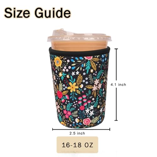 Image of Reusable Insulated Sleeve for Iced Coffee Cup, Coffee Neoprene Sleeve for Cold & Hot Drinks, Beverage Holder for Iced Coffee (Lush Blossom, Small: 16-18oz)