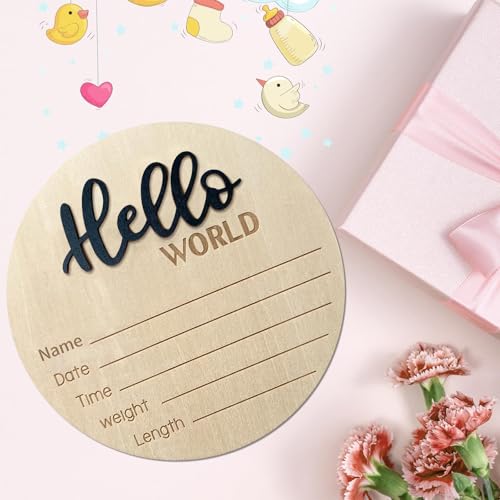 Image of Baby Announcement Sign, 5.9 Inch Wooden Hello World Newborn Signs, Birth Announcement Sign, Baby Shower Hospital Nursery for Newborn Boys and Girls (Black,Pen)