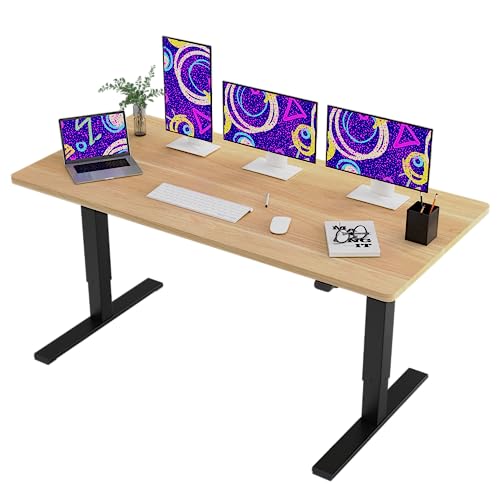 SANODESK QS Escritorio Elevable Eléctrico 140x60 cm, con Controlador de Pantalla Digital y Memoria, Gancho para Auriculares y Soporte para Bebidas, Escritorio Ergonómico para Oficina y Hogar - Arce