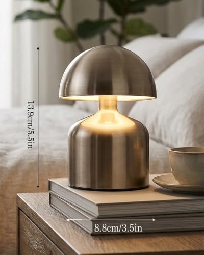 Image of Homesake Table Lamp Portable Lamps for Bedroom, Night Lamp, Table Lamp for Bedroom & Living Room, Bedside Lamp, Dimming, 3 Colour Touch Control, Wireless Charging, Metal Mushroom, Nickel Gold