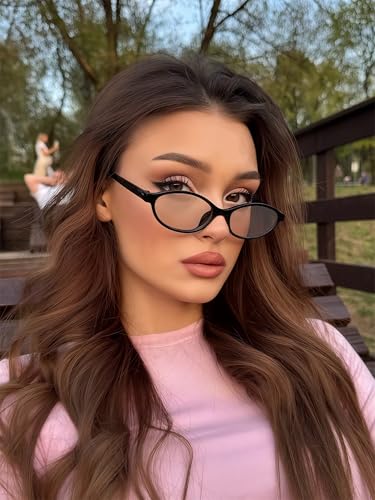 Image of GUVIVI Retro Oval Sunglasses for Women Chic Cat Eye 90s Sunnies Lightweight Narrow Shades Trendy UV protection Sun Glasses