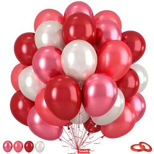 Red Balloons 50Pcs 12 Inch Pearl Metallic Balloons in Cherry Red Ruby Red Burgundy Maroon and Sand White for Birthday Valentines Day Wedding Bridal Shower Anniversary Proposal and Party Decorations