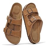 Project Cloud 100% Genuine Leather Flat Sandals For Women 2026 Cork Footbed Womens Sandals with Memory Foam and arch support Vacation Essentials Slides for Women Footwear (Venita, CML, 8.5)