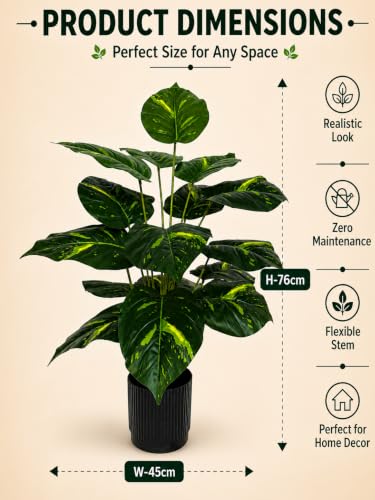 Image of Cocco.BUA Artificial Plant with Black Pot, 18 Leaves, 76 CM (2.5 Feet) (Variegated Green Plant)