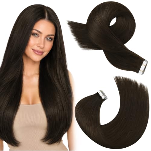 Image of Moresoo Tape in Human Hair Extensions Dark Ash Brown 14in 40Pcs 80g | Invisible tape in hair extensions, fuller coverage, ash brown finish, straight texture for layered bobs and office styling