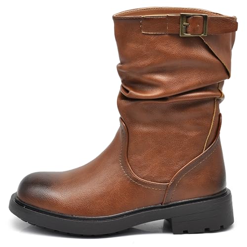 G330 - Botas de mujer de piel sintética para motorista, motero, tobillo, fibia, 680 Camel, 38 EU