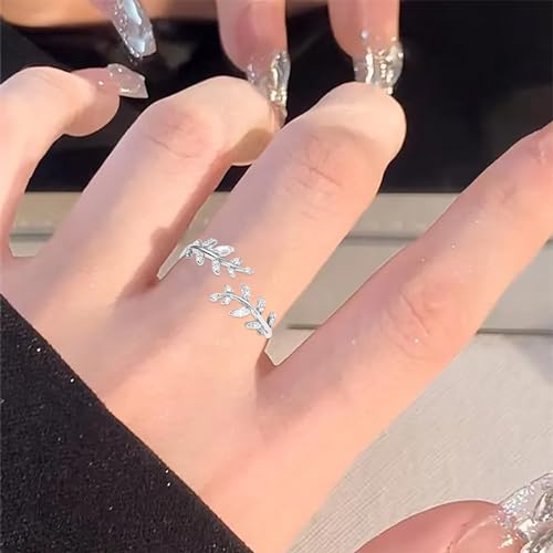 925 Sterling Silver Open Rings,Adjustable Personalised Finger Wrap Around Leaves Promise Ring,Stylish Bling Rhinestones Cubic Zirconia Sterling Silver Rings Jewelry for Women Girls Chic Gifts - Image 3