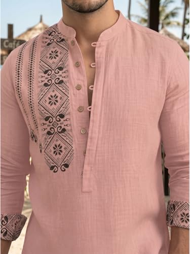 Image of DEELMO Men's Cotton Blend Mandarin Collar Self One Design Full Sleeve Casual Short Kurta