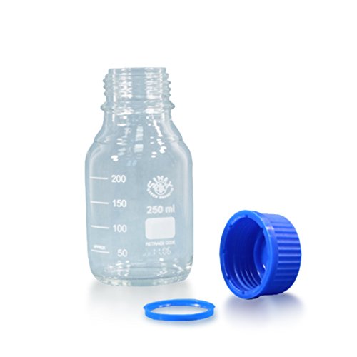 12 x Gewindehalsflasche 250ml aus Borosilikatglas 3.3 inkl. Schraubverschluss und Ausgiessring (blau) - ISO 4796-1 - mit Graduierung, Laborflasche ***