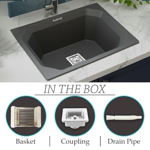 Image of BASINQU Quartz Sink for Kitchen | 24x18x9 Inches Grey Single Bowl Sink For Kitchen Basin Diamond Designed | Granite UV Protected Scratch Resistant, Undermount /Topmount Kitchen Sinks