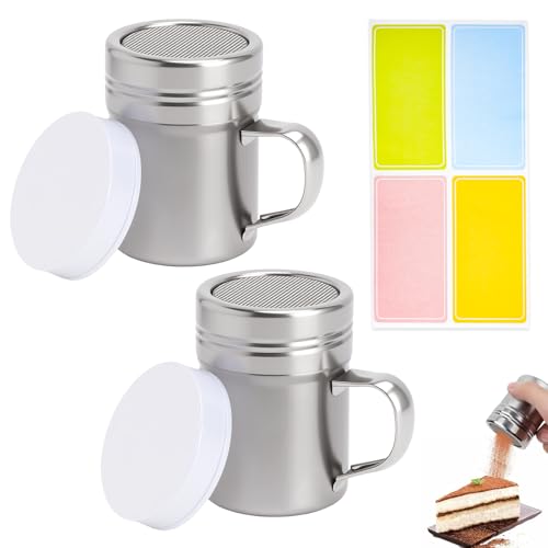 LOLANIUT 2 Piezas Espolvoreador Cacao y Azúcar Glas de Acero Inoxidable – Espolvoreador con Tapa y Mango, Malla Fina tipo Tamiz para Canela, Capuchino y Repostería