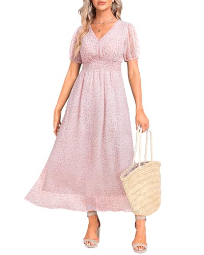 Image of Holipick Women Summer Casual Dress Wedding Guest V Neck Short Sleeves Smocked Waist Chiffon Swing Knee Length Midi Dresses