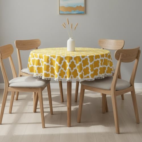 Image of HOMEMONDE Cotton Premium Dining Round Table Cover with White Border Pom-Pom, 45 x 45 Inches Geometric Printed Table Cloth 4 Seater, Round Table Cover - (114x114 CM, Yellow)