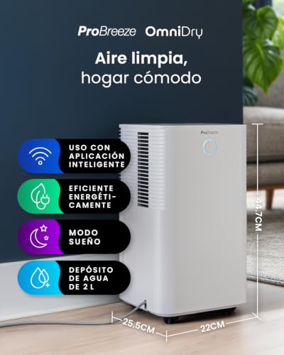 Miniatura 2 de Pro Breeze Omnidry Deshumidificador 12l Día Con Wifi, Depósito De 2l, Secado De Ropa, Sensor Automático, Temporizador 24h, Modo Nocturno, Humedad, Moho Y Condensación - Habitaciones Hasta 20 M