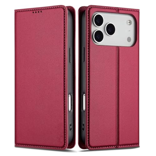 Étui en cuir iPhone 17 Pro rouge à rabat avec support portefeuille