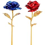 Red and Blue Leaf 24K Gilded Artificial Roses for Thanksgiving Day Mother's Day Valentine's Day Birthday Gift (Mixed)
