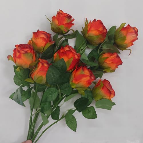 HZYZZYQ Artificial Red-Orange Roses 10 Pcs Single Stem Silk Fake Roses