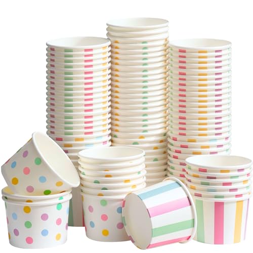 Winoo Design Small Ice Cream Cups Disposable - 50 PK - Paper Ice Cream Cups 4 oz Mini Sundae Bowls Treat Cups Containers (2 Assorted Designs 4oz Cups)