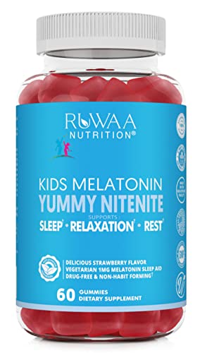 RUWAA Nutrition Melatonin Kid Gummies red bottle, 60-count at 1 mg — the only pick here with a published happiness guarantee.