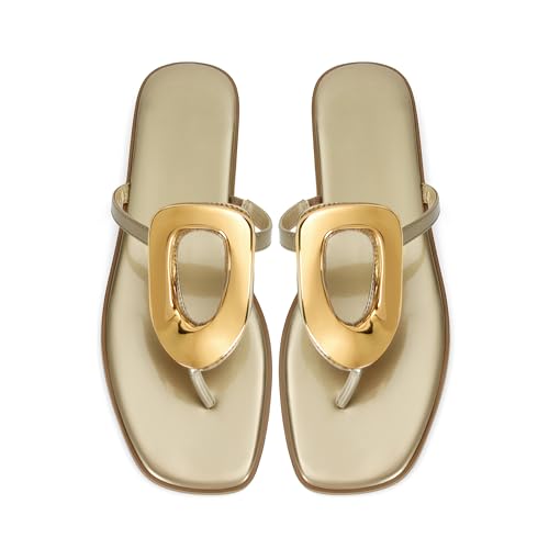 Image of Wnshonzy Flip-Flops for Women Thong Sandals Flat Slip on Slides Beach Comfort Open Square Toe Ladies Slipper Dressy Metal Hardware Decoration Summer Shoes Casual Fashion