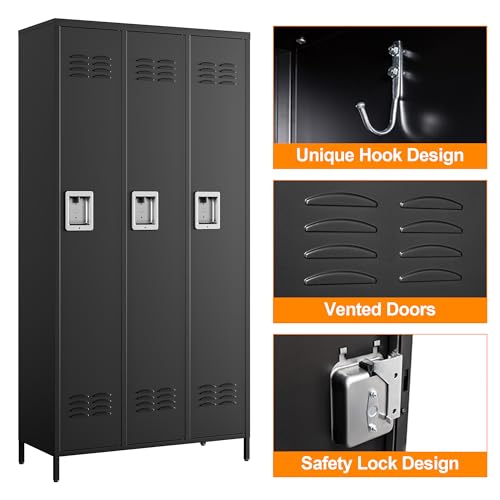 Image of Metal Locker Storage Locker, 72 inch Lockable Lockers for Employees, Home, Office, School, Assemble Required (Black-Big 3 Doors)