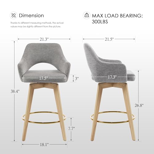 Image of Zesthouse Swivel Counter Stools Set of 6, Wooden Counter Height Bar Stools | 26 inch Farmhouse Counter Stools with Back & Arm, Upholstered Linen Fabric Barstool with Solid Wood Leg, Grey Island High Chairs