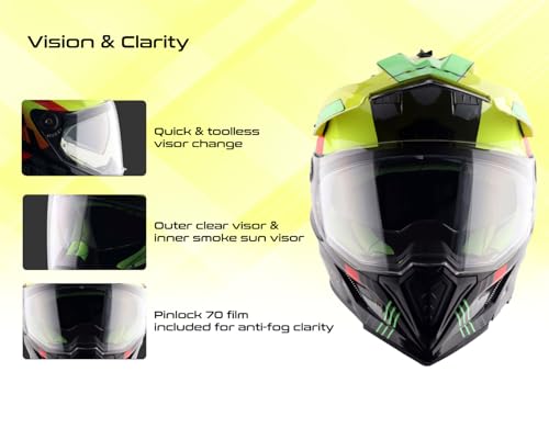 Image of Axor X-Cross Gambling ISI ECE and DOT Certified Premium Off-Road Full Face Helmet with Pinlock Fitted Dual Visors and Stylish Peak-Black Neon Yellow-L