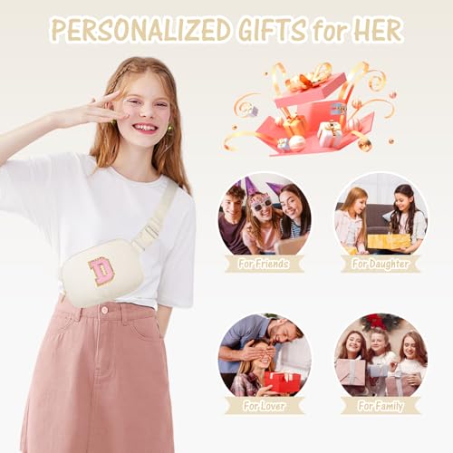 Image of Gitus Gifts for Teen Girls 10-12 12-14 14-16 16-18 Birthday Gifts for Girls Women Sister Teacher Initial Belt Bag Fanny Pack Crossbody Bags for Teen Girl Gifts Trendy Stuff Travel Essentials (Ivory-D)