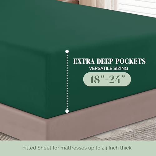 Image of Elegant Comfort Luxurious 1500 Premium Hotel Quality Microfiber 4-Piece Sheet Set, 18-24 Inches Deep - Extra Deep Pocket Sheets - Ultra Soft 4PC Deep Pocket Sheets, King, Hunter Green