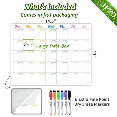 Jjpro Non-Magnetic Dry Erase Monthly Calendar Whiteboard Clings To All Smooth Surfaces. Monthly Planning Board For Refrigerator, Cabinet,Door & Wall, 6 Markers #TOP1