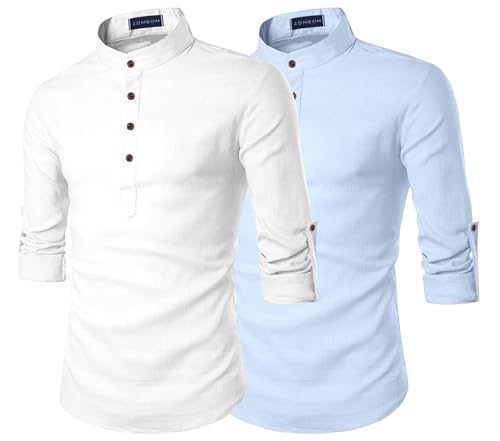 Image of Zombom Men's Combo Cotton Polyester Blend Solid Full Sleeve Straight Regular Fit Mandarin /Chinese Collor Kurta (Pack of 2)