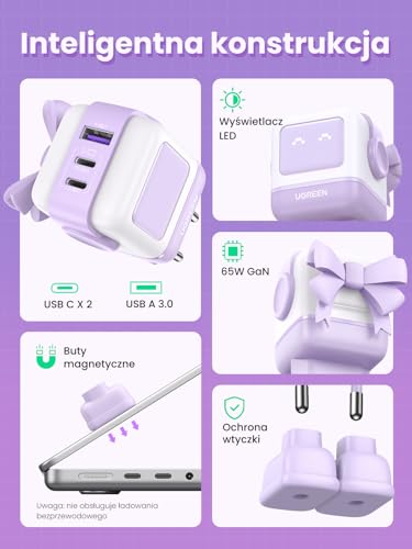 UGREEN Uno USB C Charger 65W USB C Power Supply 3-Port Fast Charger LED Display kompatybilny z MacBook Pro/Air, iPad, iPhone 15 Pro Max, Galaxy S24 Ultra, Steam Deck (fioletowy)